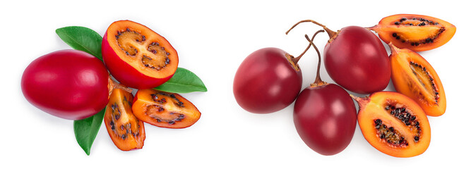 Fresh tamarillo fruit with leaves isolated on white background. Top view. Flat lay