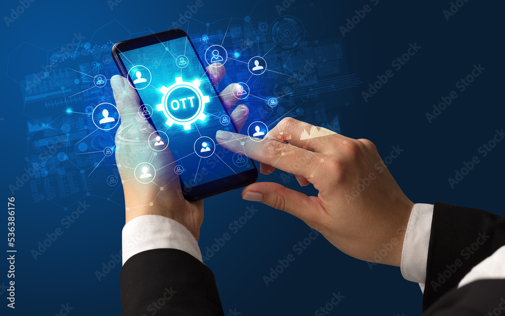 Poster hand using smartphone with technology concept