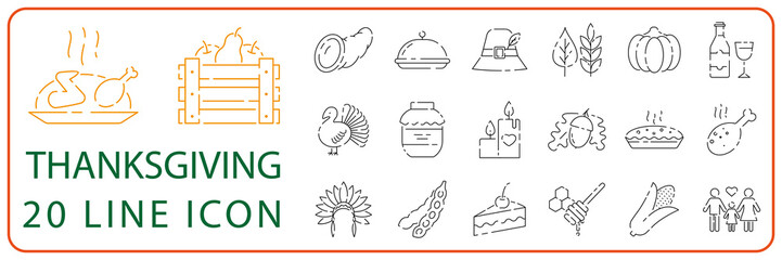 Thanksgiving Day Outline Icons set vector. Happy holiday
