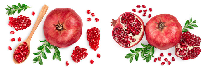Pomegranate isolated on white background with full depth of field. Top view. Flat lay