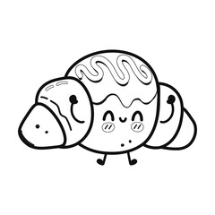 Funny cute happy croissant characters bundle set. Vector kawaii line cartoon style illustration. Cute croissant mascot character collection, outline cartoon illustration for coloring book