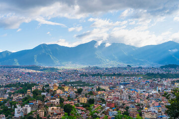 City view of Kathmandu, Nepal. Colorful buildings against the backdrop of mountains