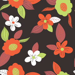Seamless floral pattern based on traditional folk art ornaments. Art flowers on color background. Scandinavian style. Sweden nordic style. Vector illustration. Simple minimalistic pattern