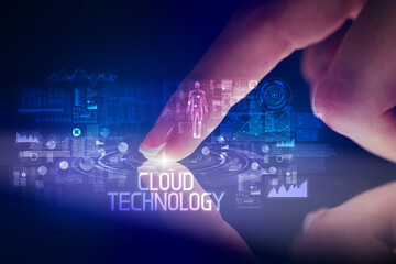 Finger touching tablet with web technology icons concept
