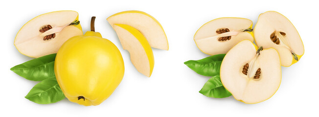 Fresh quince with slices isolated on the white background with full depth of field. Top view. Flat lay