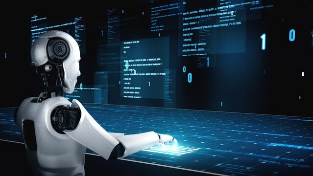 Futuristic robot artificial intelligence huminoid AI programming coding technology development and machine learning concept. Robotic bionic science research for future of human life. 3D rendering.