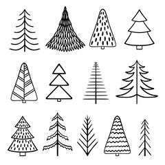 Hand-drawn Christmas tree. Doodle ink seamless paintings for New Year 2023.