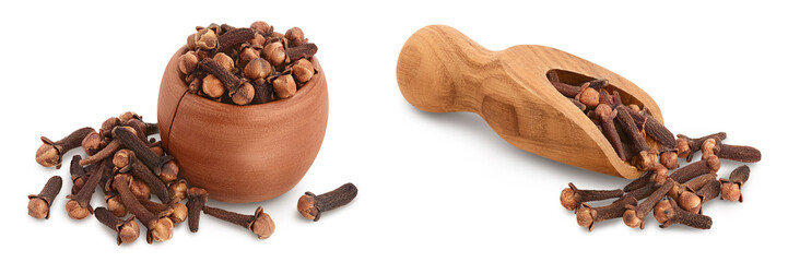 Dry spice cloves in wooden bowl isolated on white background with full depth of field.