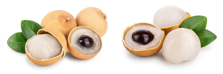 Fresh longan fruit with leaves isolated on white background