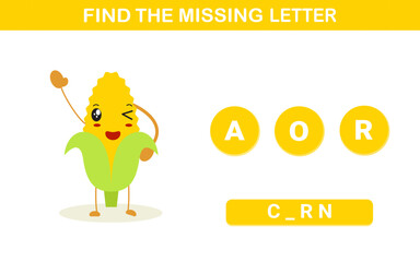 Write the missing letter. activity worksheet for education. fruits and vegetables missing letter. cute corn vector illustration.