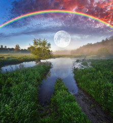 Landscape with a Rainbow on the River in Spring. colorful morning. nature of Ukraine