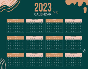 2023 calendar year , vector illustration, Annual calendar 2023 template, wall calendar, week starts Sunday