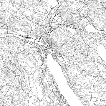 Area map of Zurich Switzerland with white background and black roads