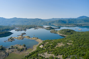 Fototapeta na wymiar Aerial view of salt lake of Slano with islands in Montenegro.