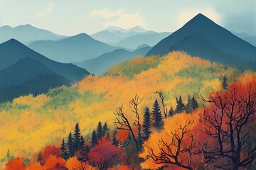 Illustration of a forest and a tall mountain with a mountain range in the background in autumn