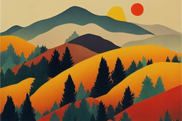 Fototapeta premium Colorful illustration of mountains and trees and a red sun in the background