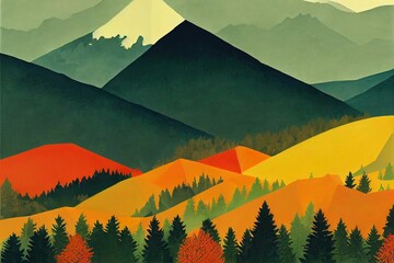 Obraz premium Colorful illustration of a mountain range and trees