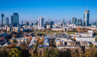Warsaw Water Filters and city downtown in Warsaw, Poland - obrazy, fototapety, plakaty