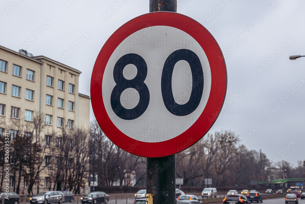 Poster Speed limit sign on a street in Warsaw city, Poland