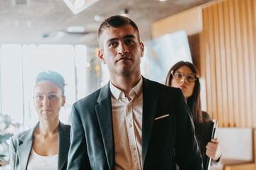 Group of successful business people standing together at office.