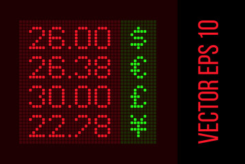 Cash exchange rate LED display. Money exchange red and green pixel screen mockup. Digital currency numbers and alphabet. Vector USD, EUR, GBP symbol. Neon panel finance. Pricetable currency billboard