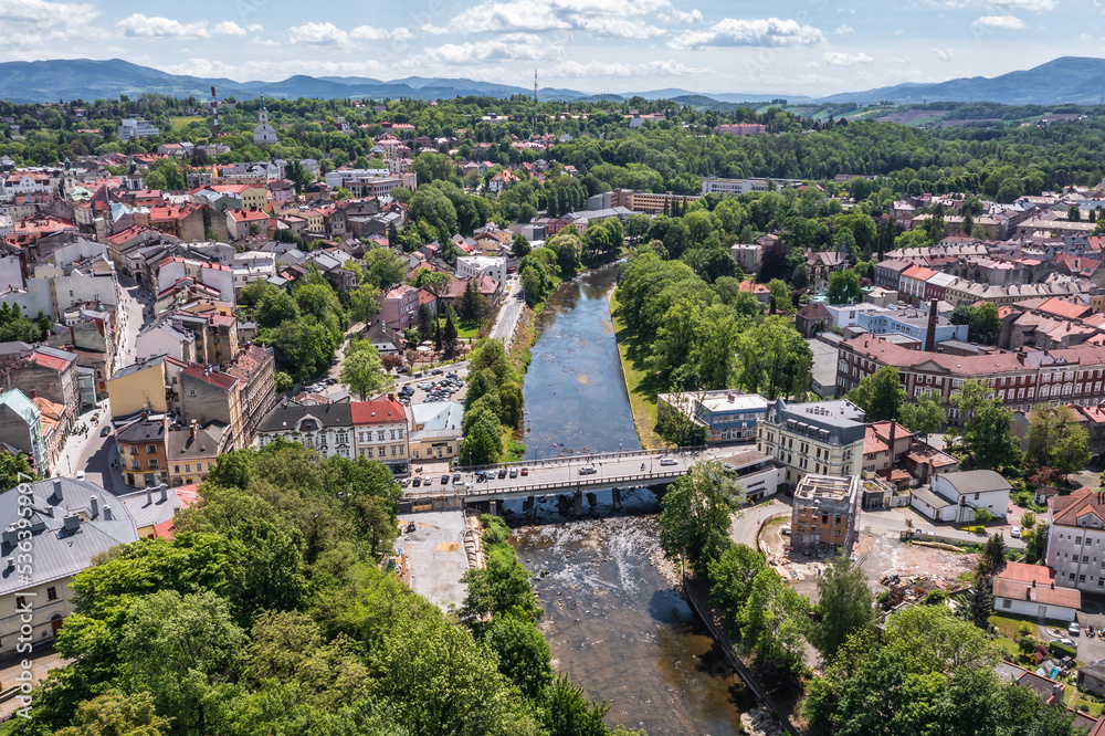 Poster Drone photo of Bridge of Friendship over Olza River in Cieszyn and Cesky Tesin cities, Polish-Czech border, Poland