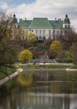 Ujazdow Castle and Royal Canal in Agrykola Park in Warsaw city, Poland
