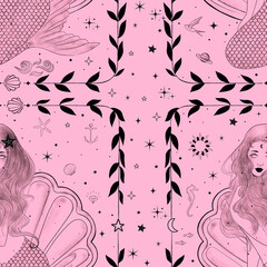 Beautiful mermaid seamless pattern.  Mythical creature on  pink background.