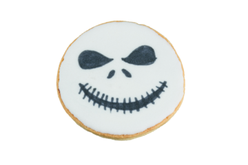 Buttery cookie in the shape of a head with a macabre smile (PNG).