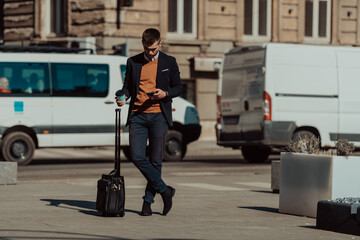 Going to airport terminal. Confident businessman traveler walking on city streets and pulling his suitcase drinking coffee and speaking on smartphone