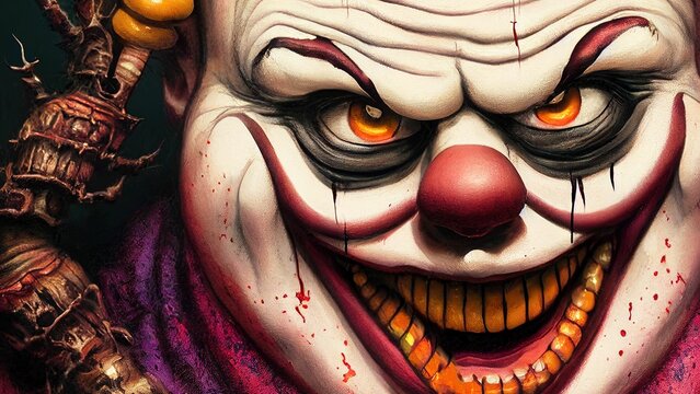 Illustration of an evil clown face with a scary look.