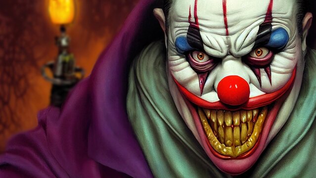 Illustration of a scary clown with big yellow teeth and make up.