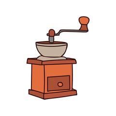 Classic coffee grinder in woden case colorful doodle illustration. Coffee grinder illustration in vector. Coffee grinder colorful icon in vector.