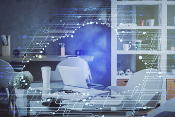 Double exposure of data theme drawing and office interior background. Concept of technology.