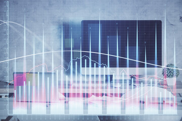Multi exposure of financial graph drawing and office interior background. Concept of market analysis.