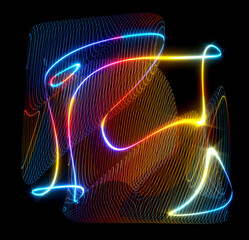 3d render with surreal plasma cube deformation process based on curve wavy parallel round glowing neon glowing laser lines on surface in rainbow gradient color on black background