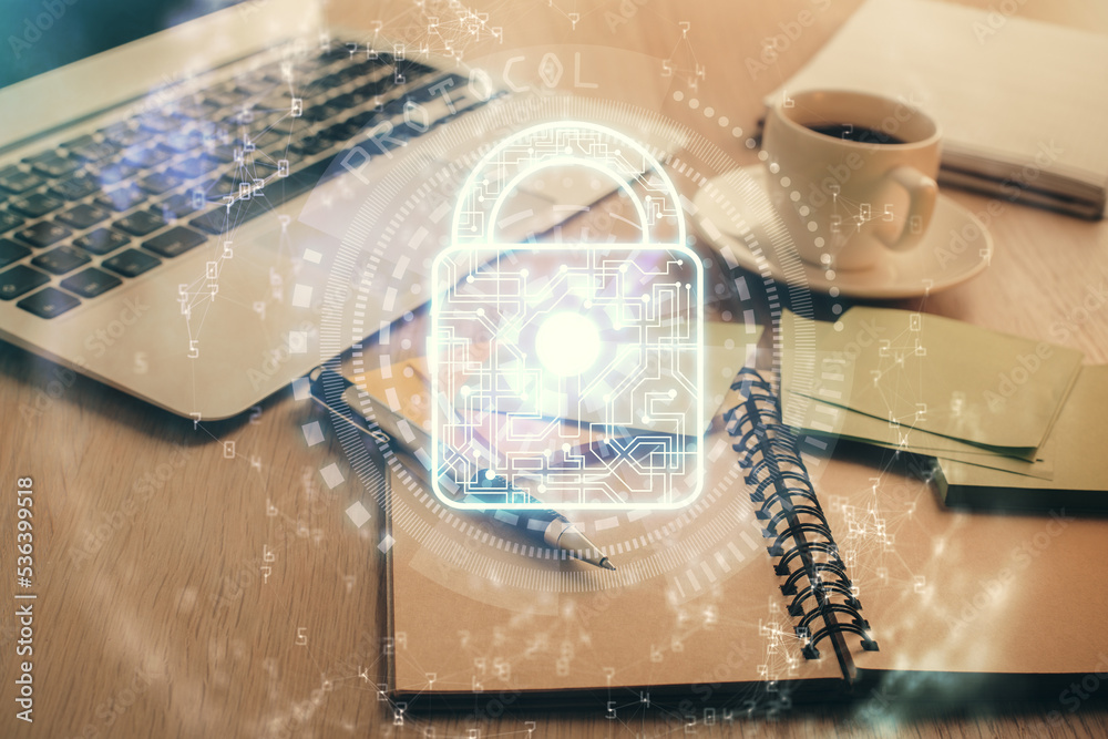 Aufkleber Double exposure of lock drawing and desktop with coffee and items on table background. Concept of securitization.