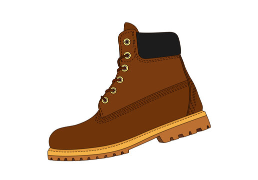 Leather modern trekking american boots silhouette. Vector brown winter high boots isolated on white background. Classic military shoes. Army strong footwear. Travel mountain boot. Autumn work shoes
