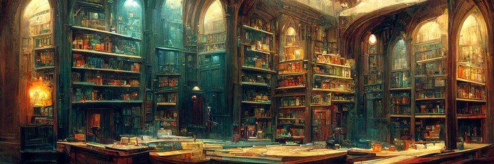 Naklejka premium Historic library with book shelfs