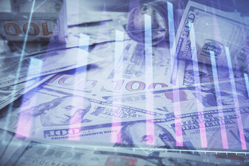 Multi exposure of forex chart drawing over us dollars bill background. Concept of financial success markets.