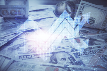 Double exposure of grow arrows drawing over usa dollars bill background. Concept of success.