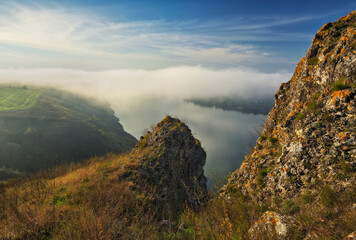 Beautiful autumn landscape at sunrise. picturesque river canyon. nature of Ukraine