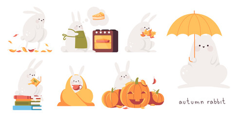 Fall rabbits set. Card with collection of cute bunnies. Autumn leisure and activities. Isolated animal characters with seasonal activities.