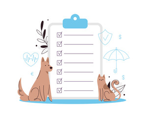 Insurance for pets concept. Big clipboard with check list. Medical coverage for animals' health.