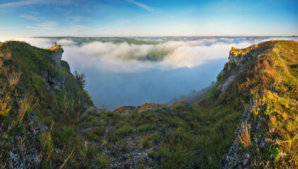 Beautiful autumn landscape at sunrise. picturesque river canyon. nature of Ukraine