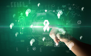 Doctor hand pressing futuristic health device with medical symbol on screen