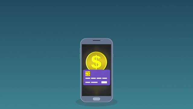 Coin money dollar in smartphone. Cartoon animation, cash out concept. Digital technological payment methods using a smartphone. Mobile banking application for contactless payment. credit card