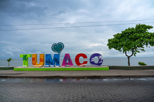 Colorful sign of the city of Tumaco at the entrance of a bridge. Tumaco. Columbia January 30, 2022