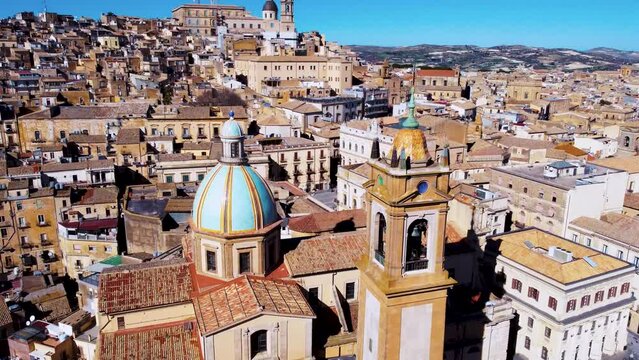 Aerial view of the Cathedral of San Giuliano and the cityscape, Caltagirone, Sicily, Italy