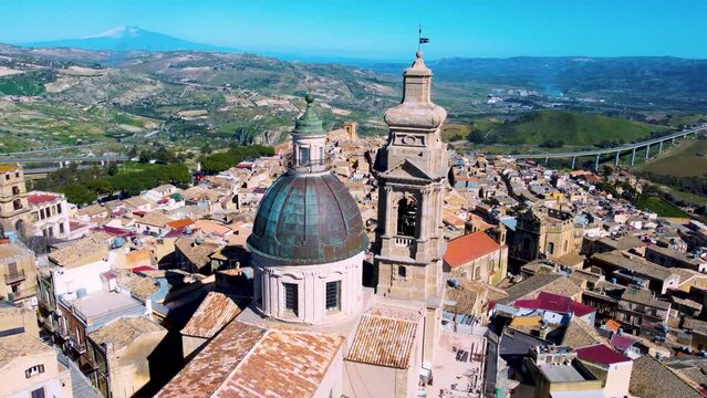 Aerial view of the Cathedral of San Giuliano and the cityscape, Caltagirone, Sicily, Italy